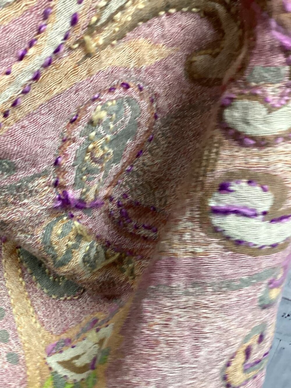 Embroidered Paisley Shawl Wrap with Fox Fur Trim and Tassels - Picture 6 of 13